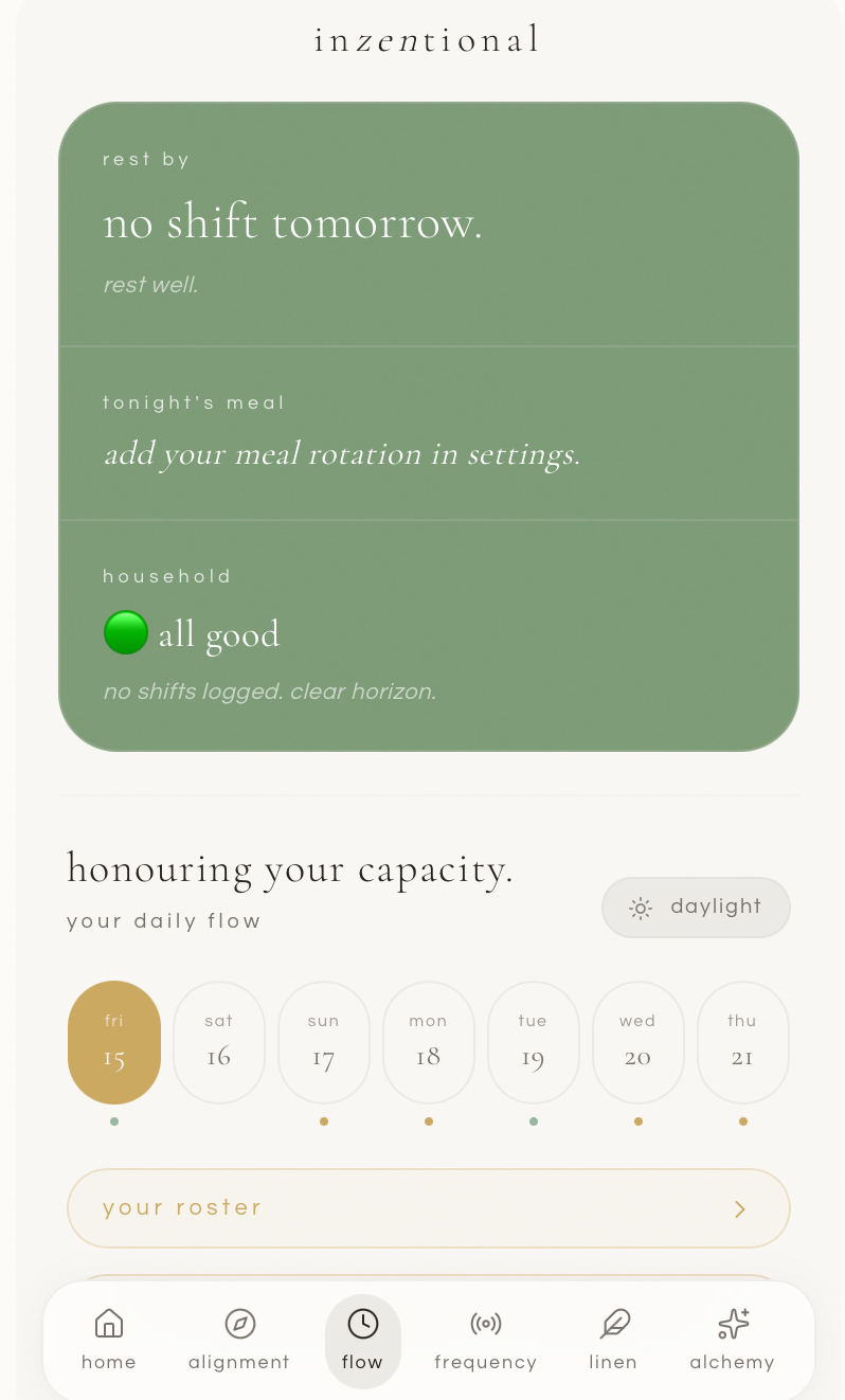 inzentional app showing the zero decision dashboard with rest by, tonight's meal and household status